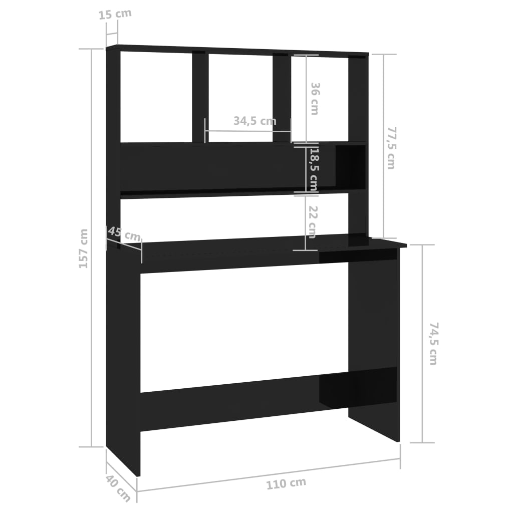 Desk | High gloss black | Engineered wood | 110x45x157 cm | Desk