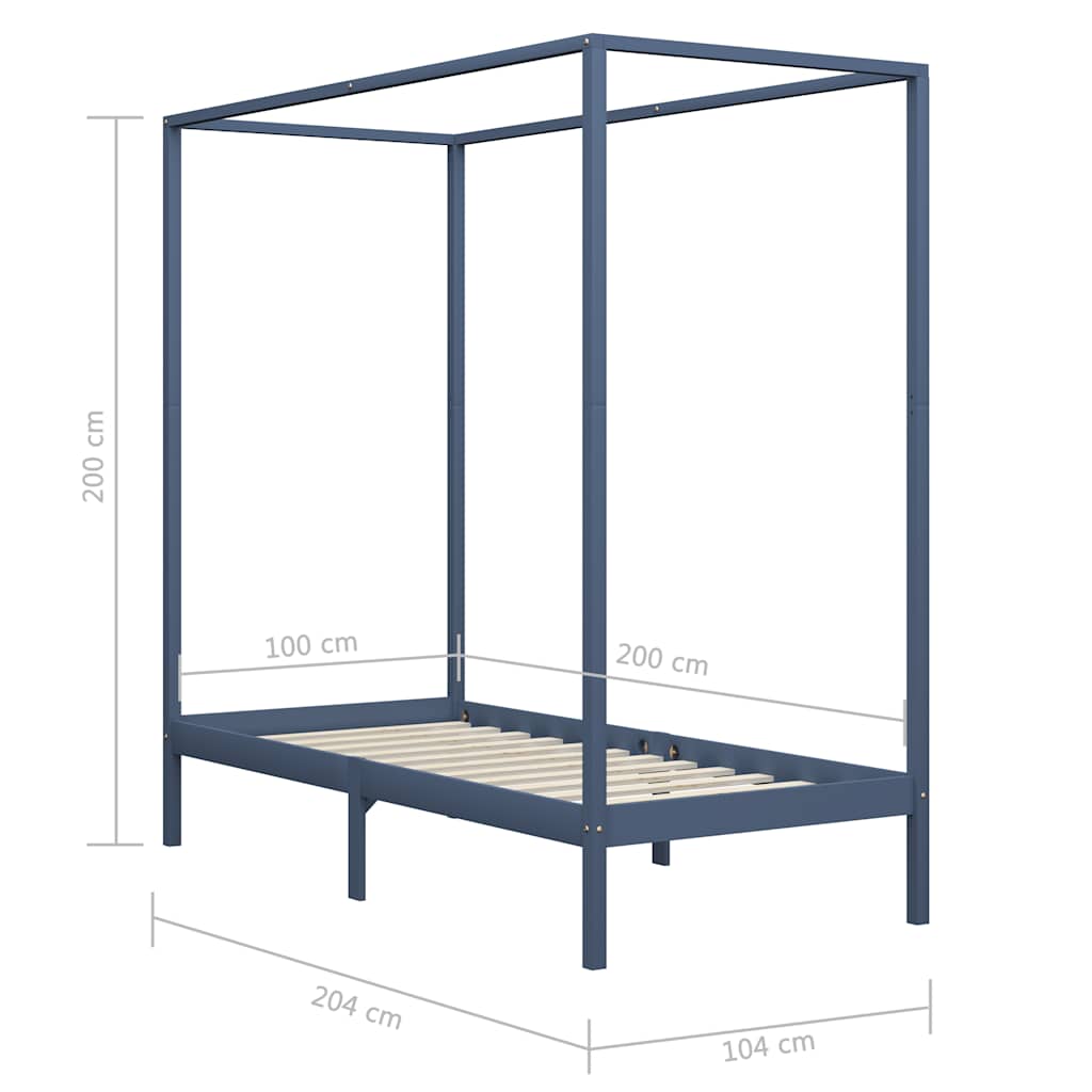 Canopy Bed Frame without Mattress Grey Solid Wood 100x200 cm
