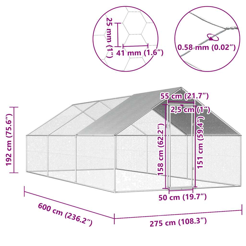 Chicken Cage | Silver frame, Grey roof | Galvanised Steel, Polyethylene