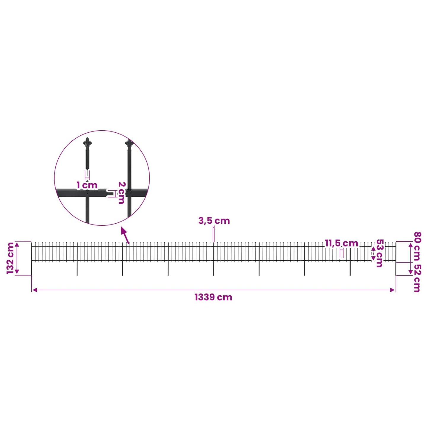 Garden Fence with Spear Top Steel 1339x80 cm Black