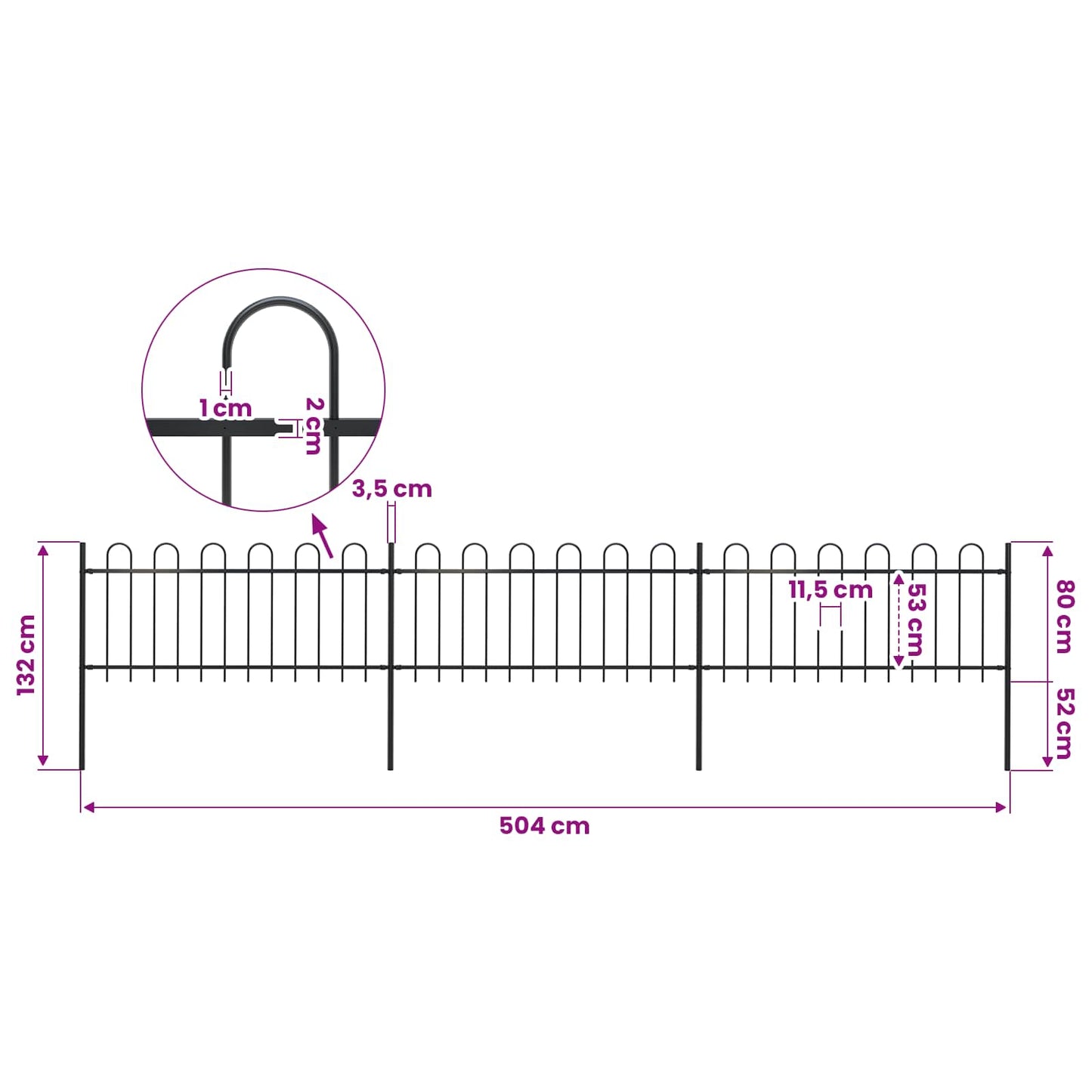 Garden Fence with Hoop Top Steel 504x80 cm Black