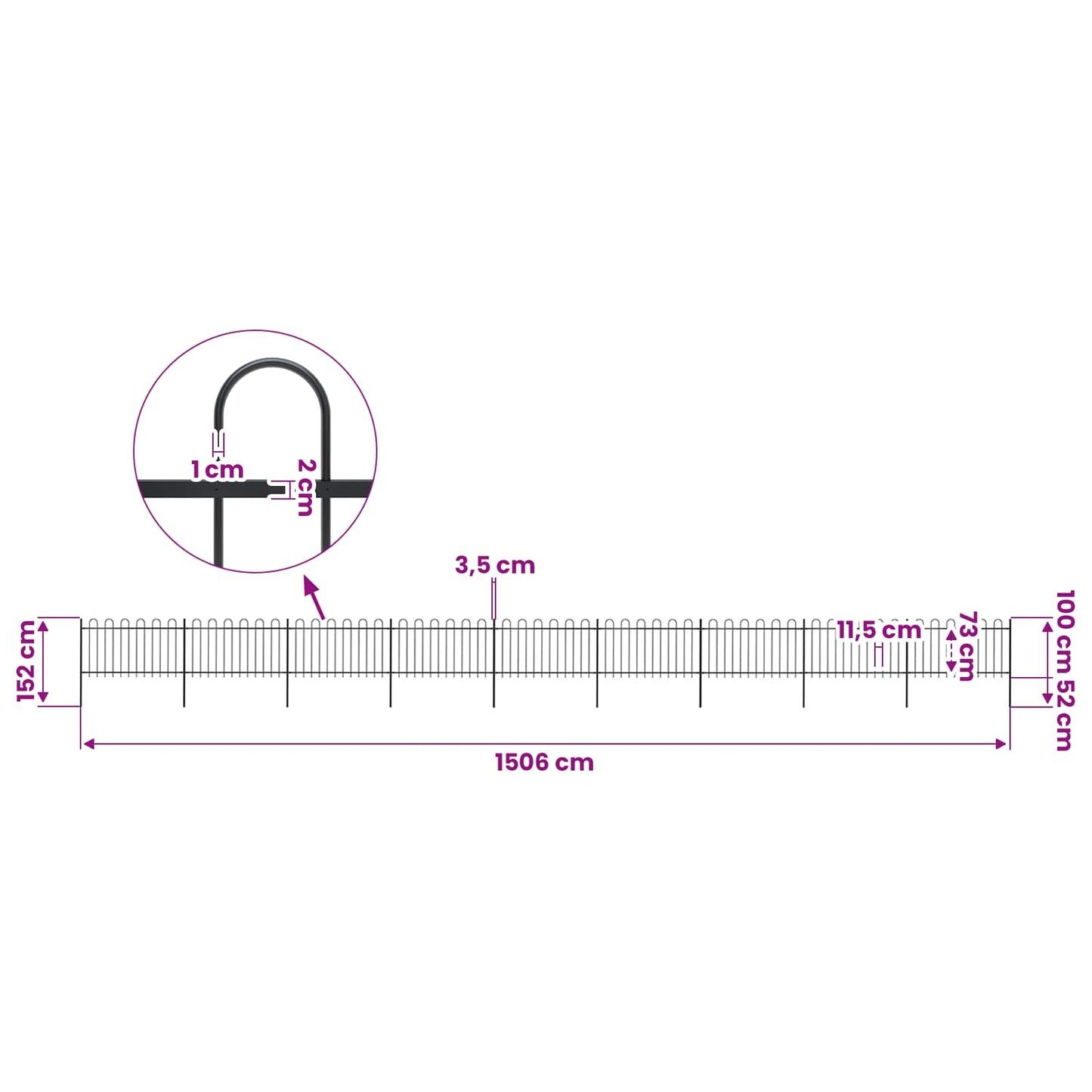 Garden Fence with Hoop Top Steel 1506x100 cm Black