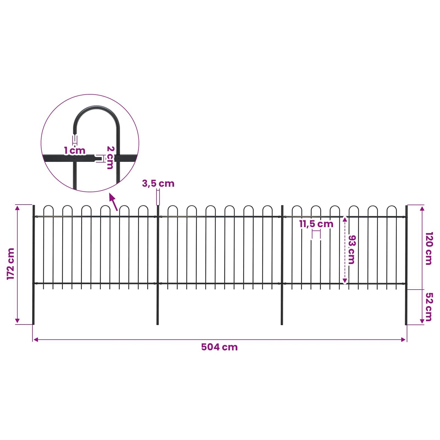 Garden Fence with Hoop Top Steel 198.4x47.2" Black