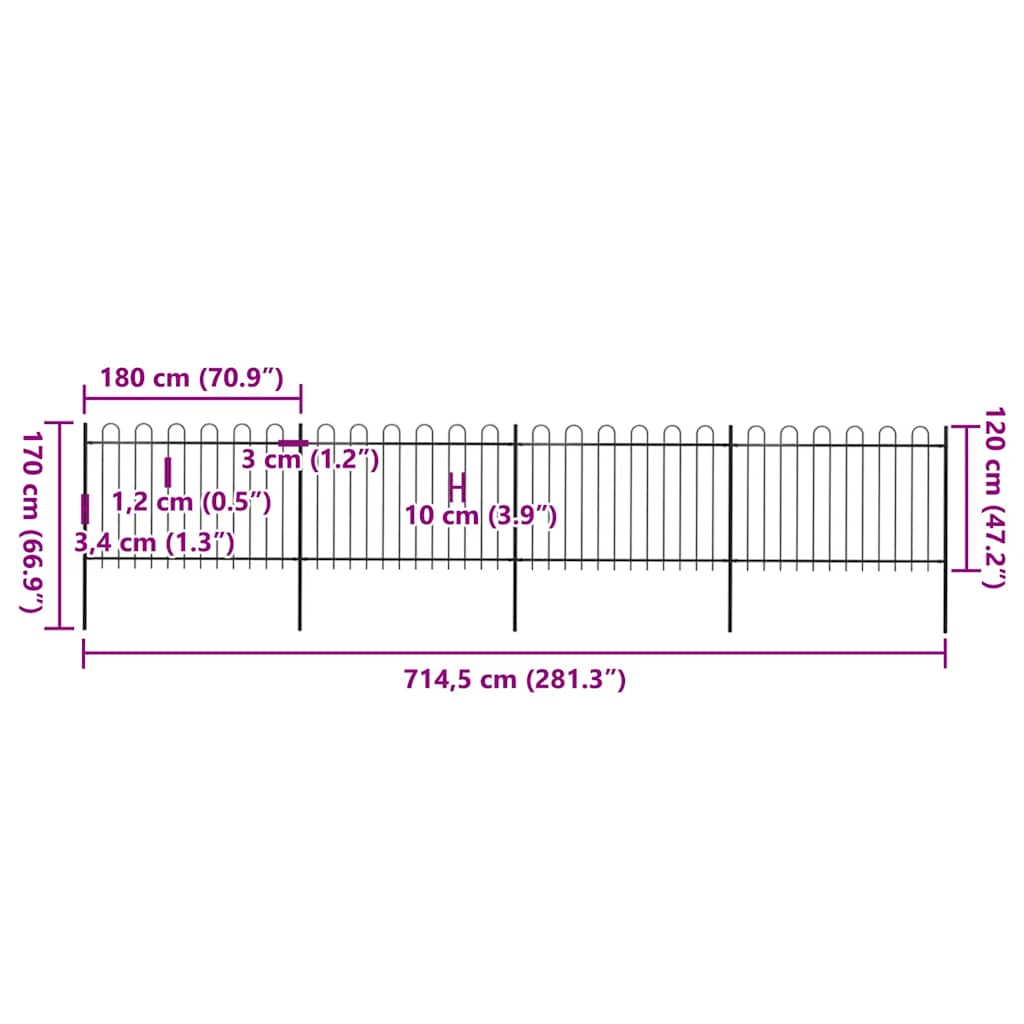 Garden Fence with Hoop Top Steel 281.3"x47.2" Black