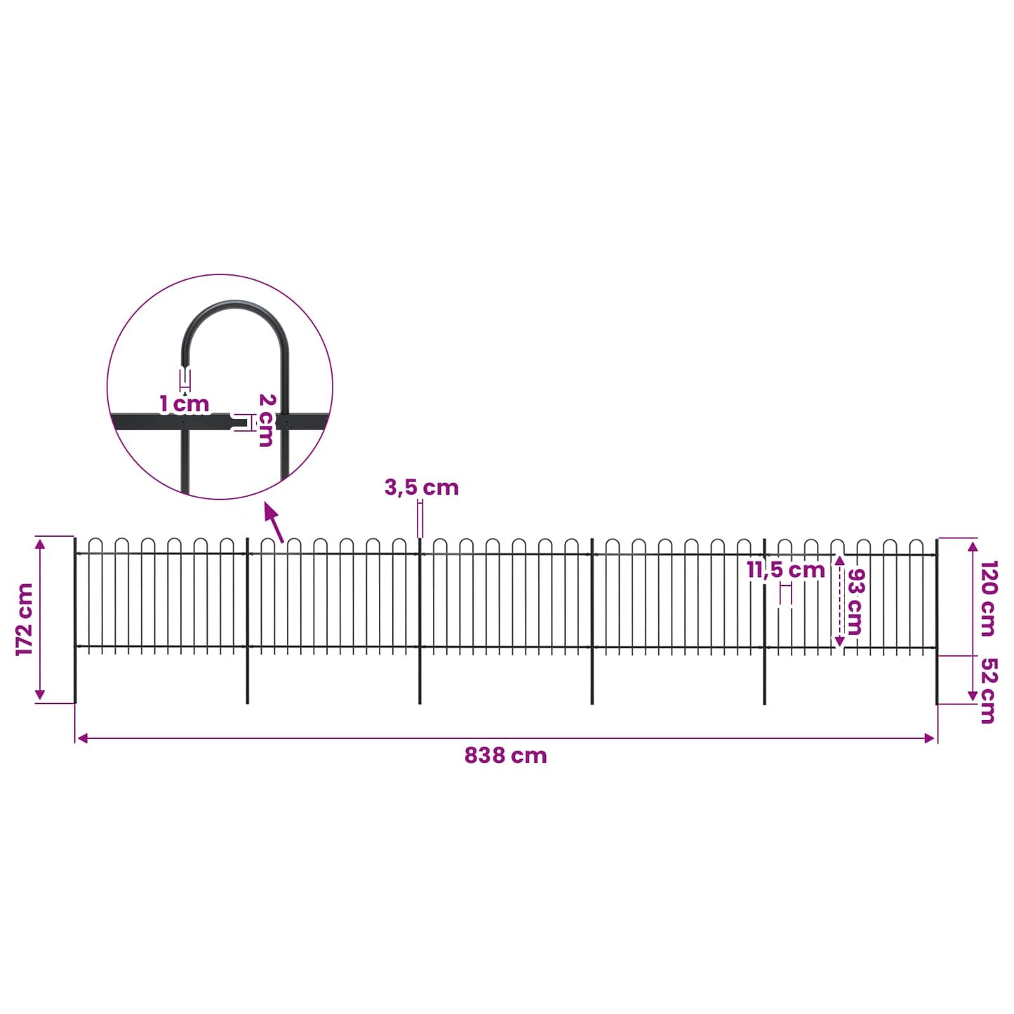 Garden Fence with Hoop Top Steel 329.9x47.2" Black
