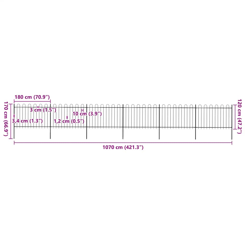 Garden Fence with Hoop Top Steel 421.3"x47.2" Black