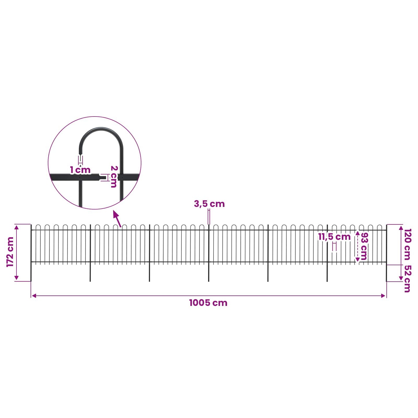 Garden Fence with Hoop Top Steel 1005x120 cm Black