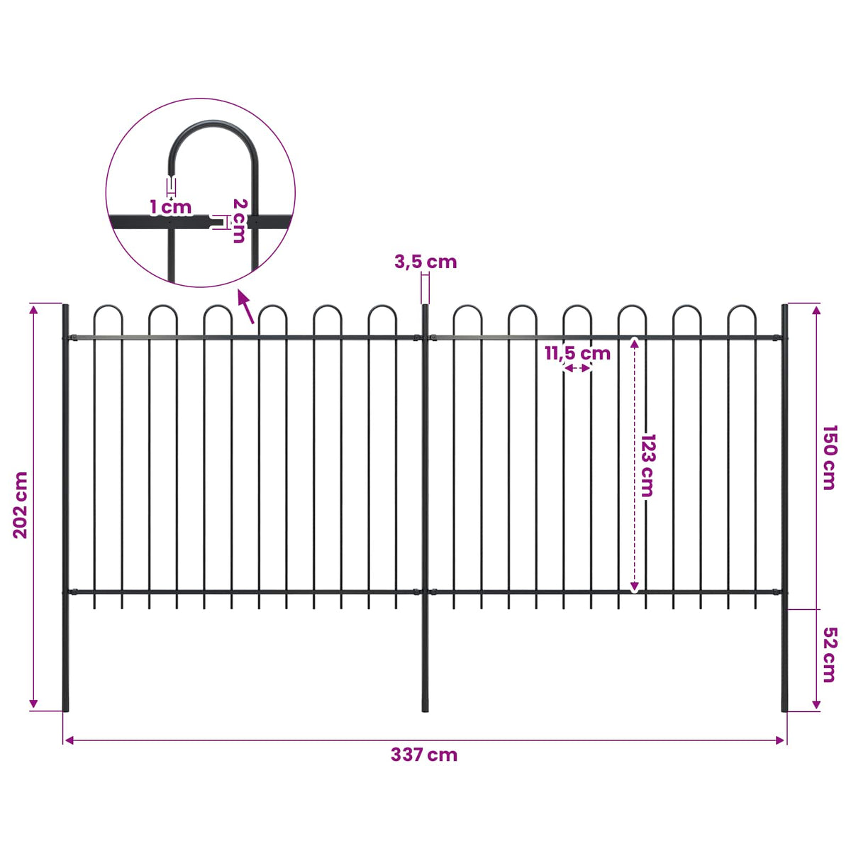 Garden Fence with Hoop Top Steel 132.7x59.1" Black