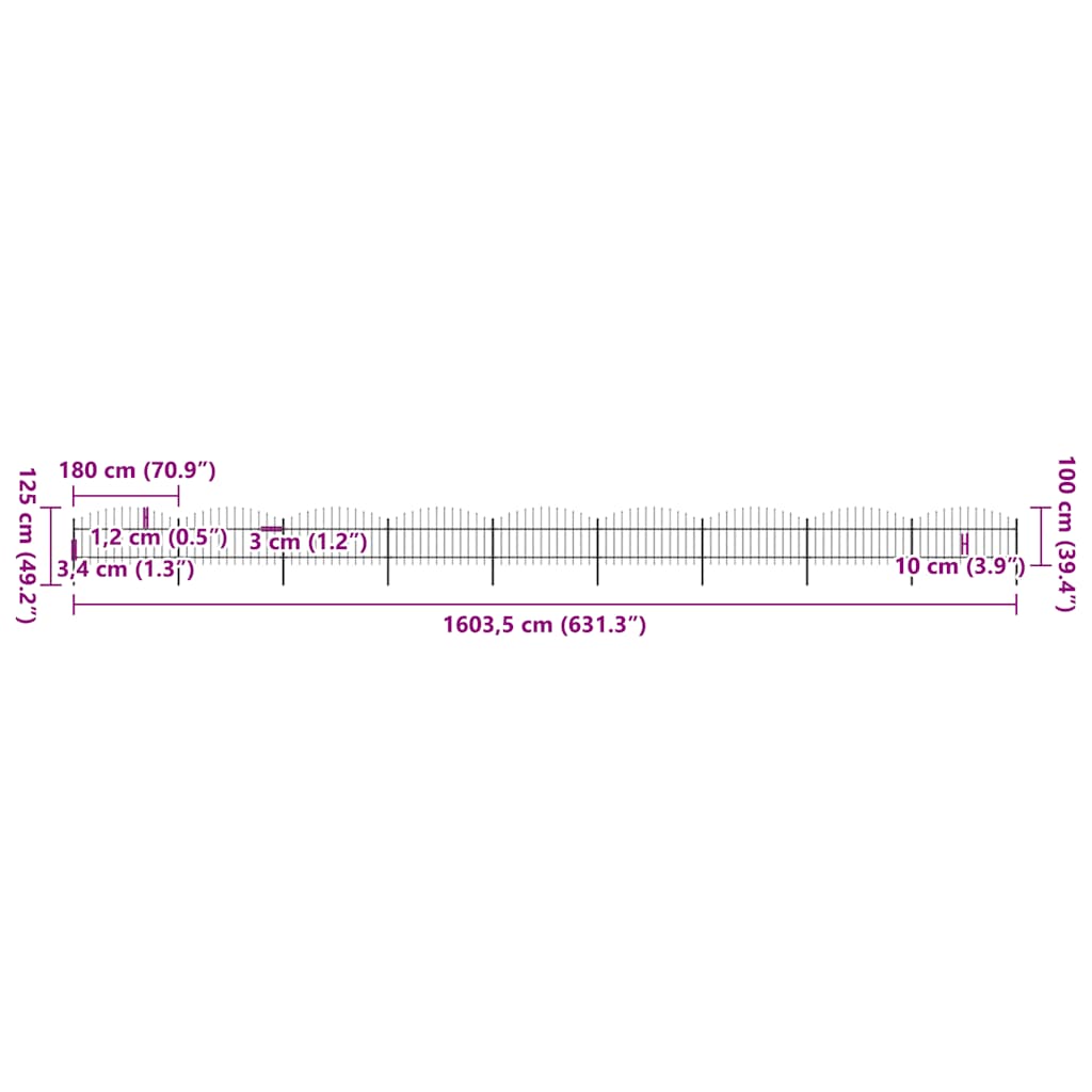 Garden Fence with Spear Top Steel 1603.5x125 cm Black