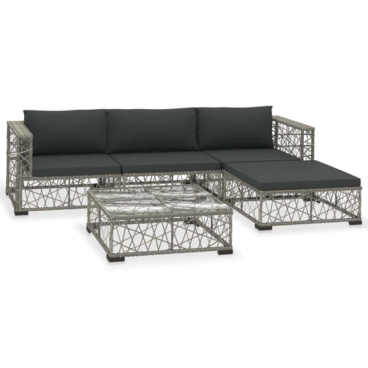 5 Piece Garden Lounge Set with Cushions Poly Rattan Grey
