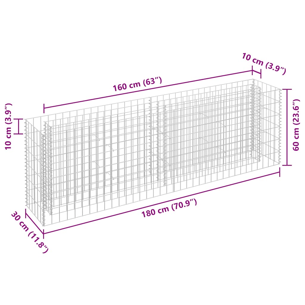 Gabion Raised Bed | Silver | Galvanised steel | 180x30x60 cm
