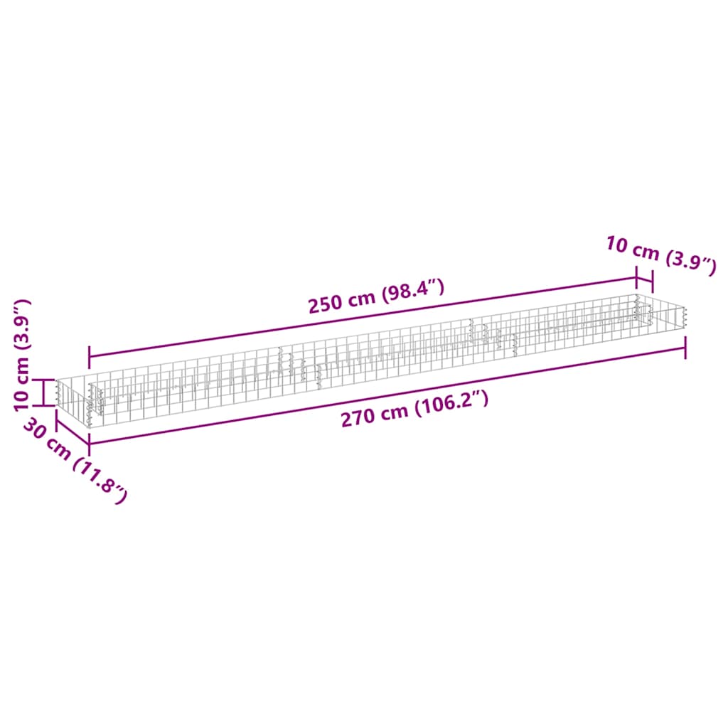 Gabion Raised Bed | Silver | Galvanised Steel | 270x30x10 cm