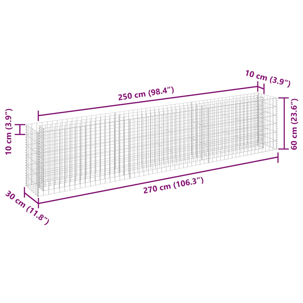 Gabion Raised Bed | Silver | Galvanized Steel | 270 x 30 x 60 cm