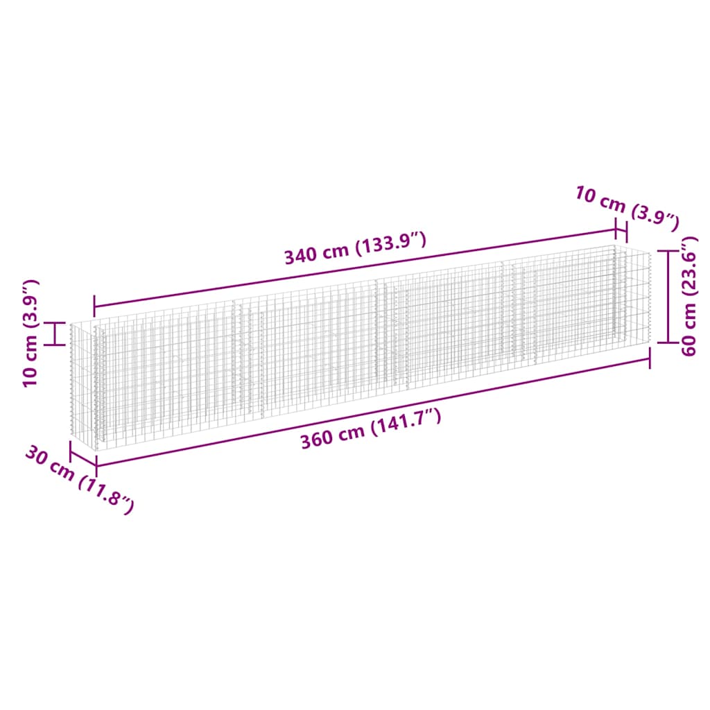 Gabion Raised Bed | Silver | Galvanised steel | 360x30x60 cm | Durable
