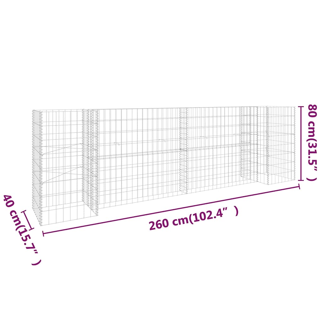 Gabion Planter | Silver | Steel wire | 260 cm x 40 cm x 80 cm | Durable