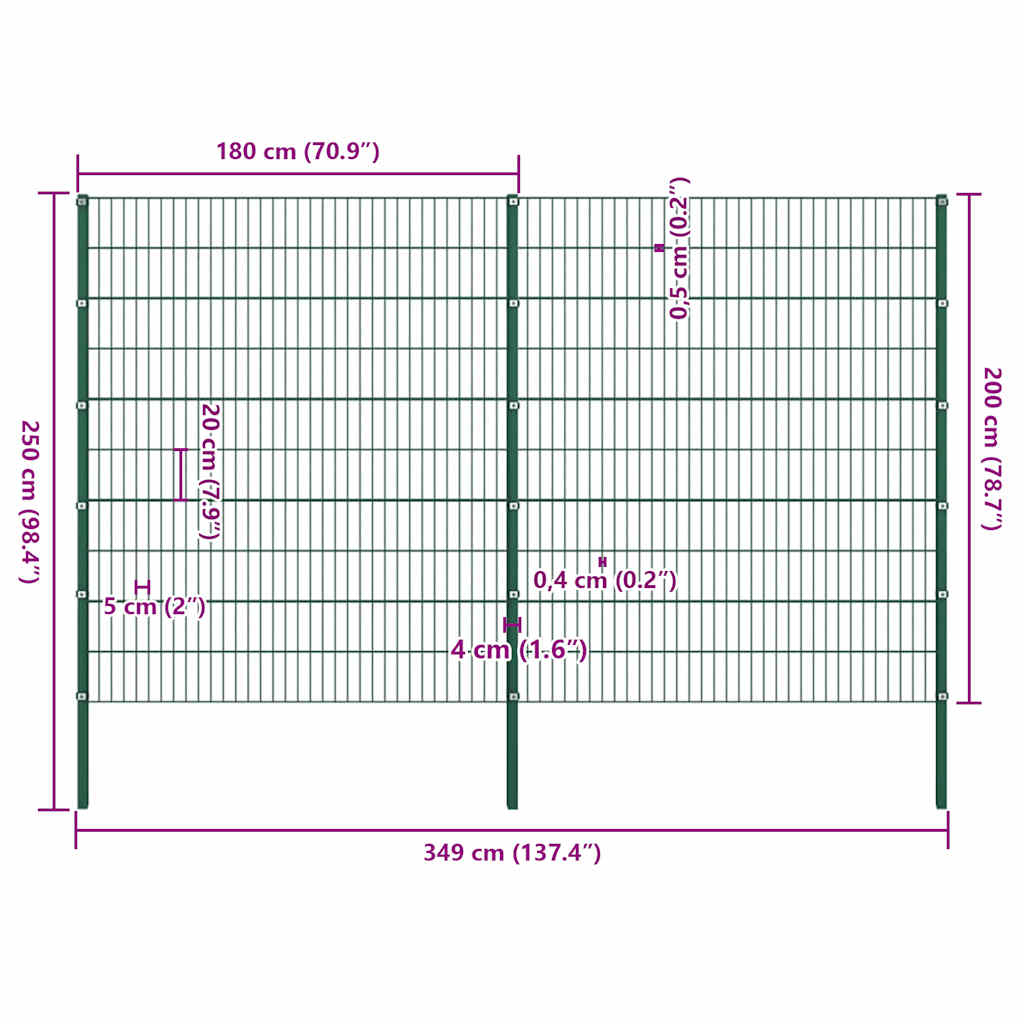 Fence Panel with Posts Iron 349x200 cm Green