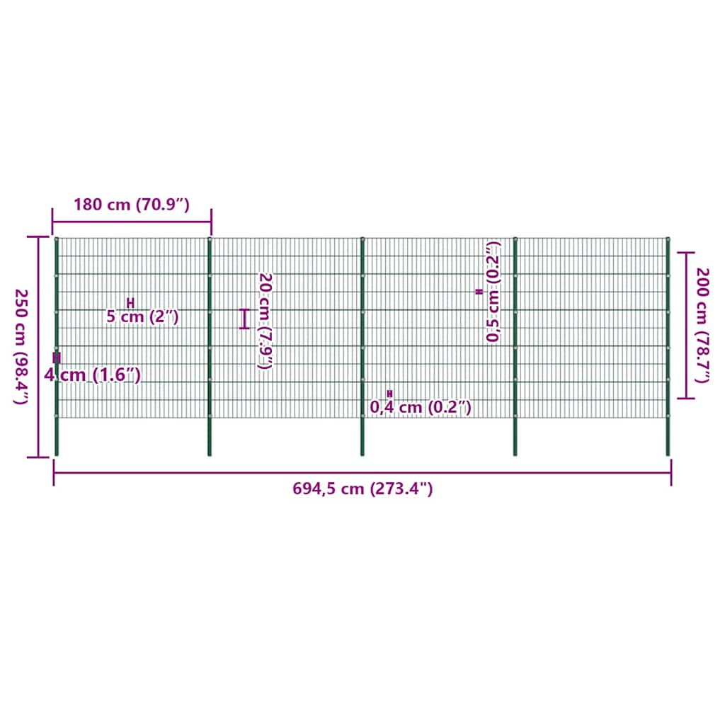 Fence Panel with Posts Iron 867x200 cm Green