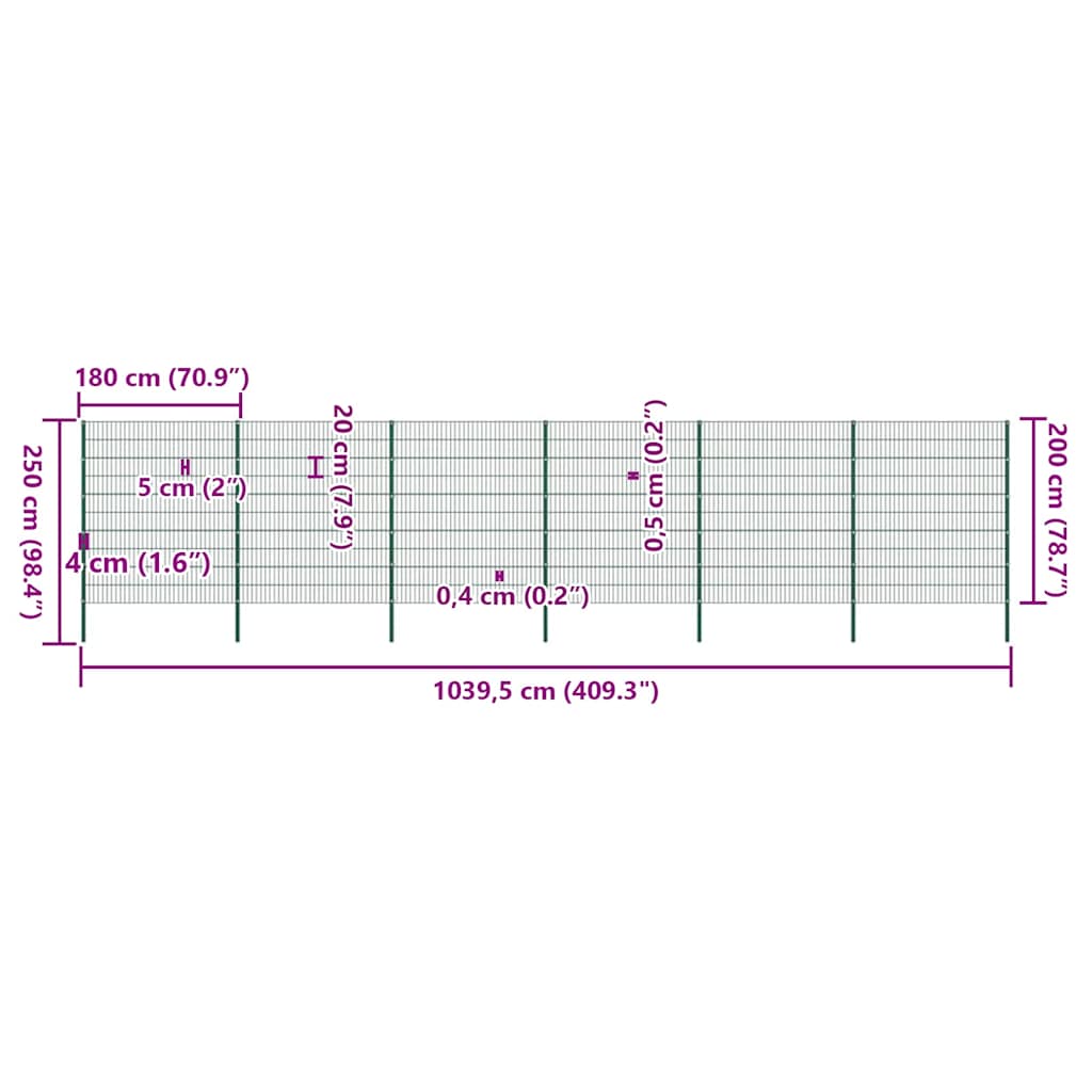 Fence Panel with Posts Iron 1040x200 cm Green