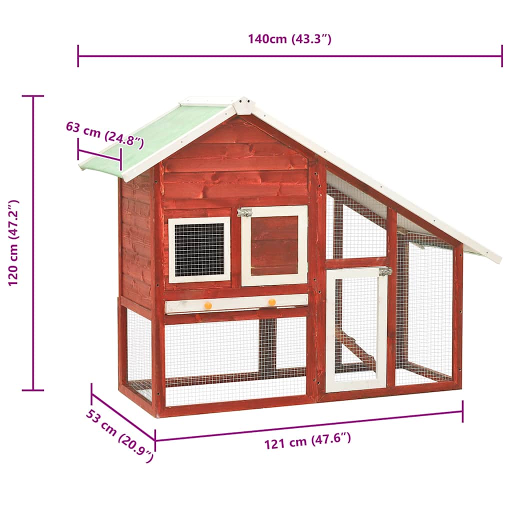 Rabbit Hutch | Red and White | Solid firwood, plywood, steel wire | Large