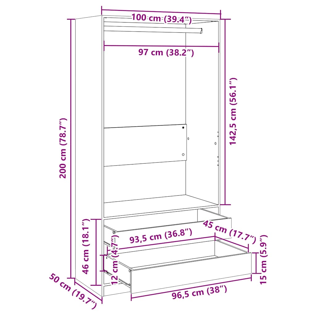 Wardrobe Black 100x50x200 cm Engineered Wood