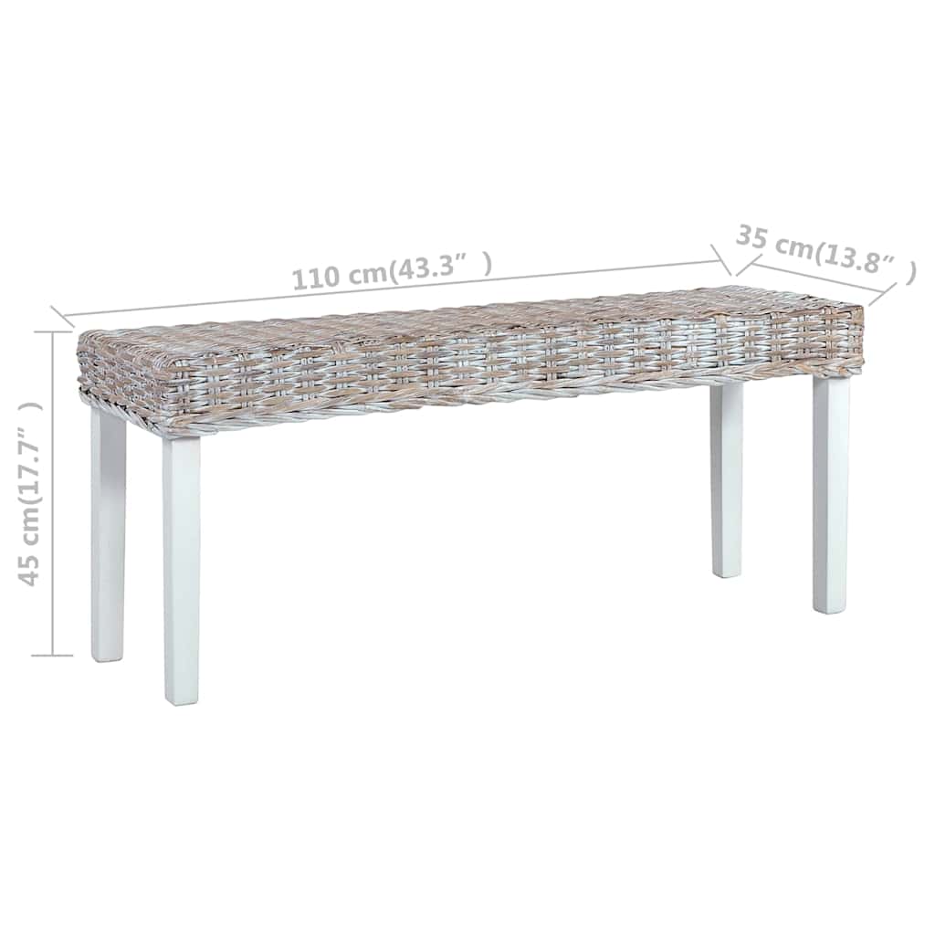 Bench | White | Kubu rattan, Solid mango wood | 110 cm | Durable | Bench