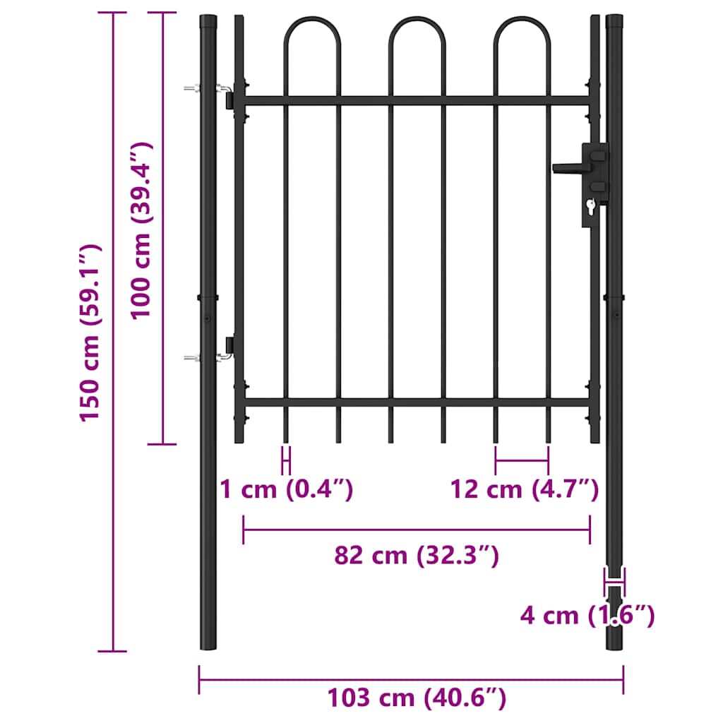 Fence Gate "BOXTEL" Single Door with Arched Top Steel 1x1 m Black