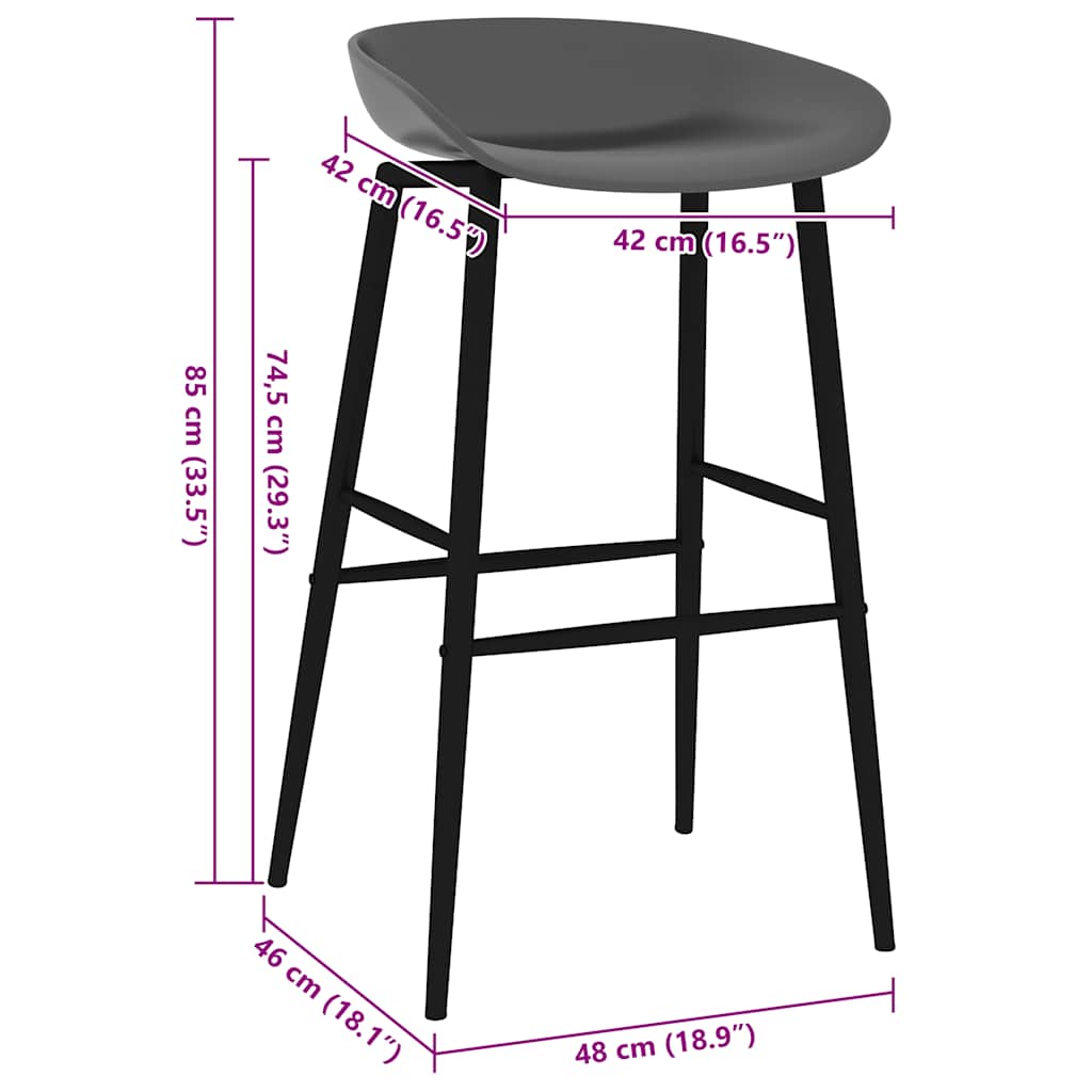 Bar Chair | Set of 2 | Grey | Polypropylene | High | Footrest | Bar Chair