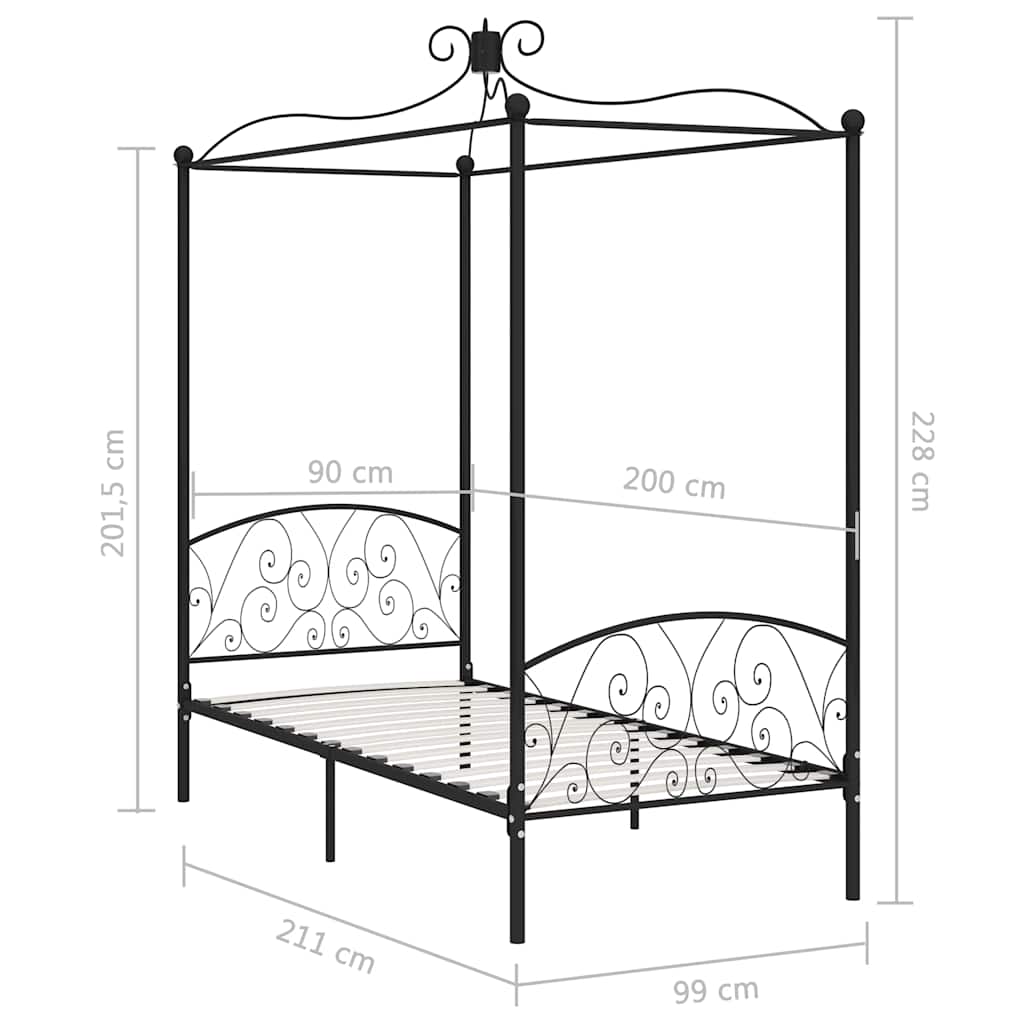 284474 vidaXL Canopy Bed Frame without Mattress Black Metal 90x200 cm