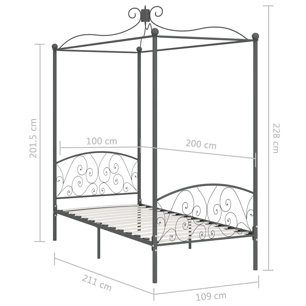 284481 vidaXL Canopy Bed Frame without Mattress Grey Metal 100x200 cm