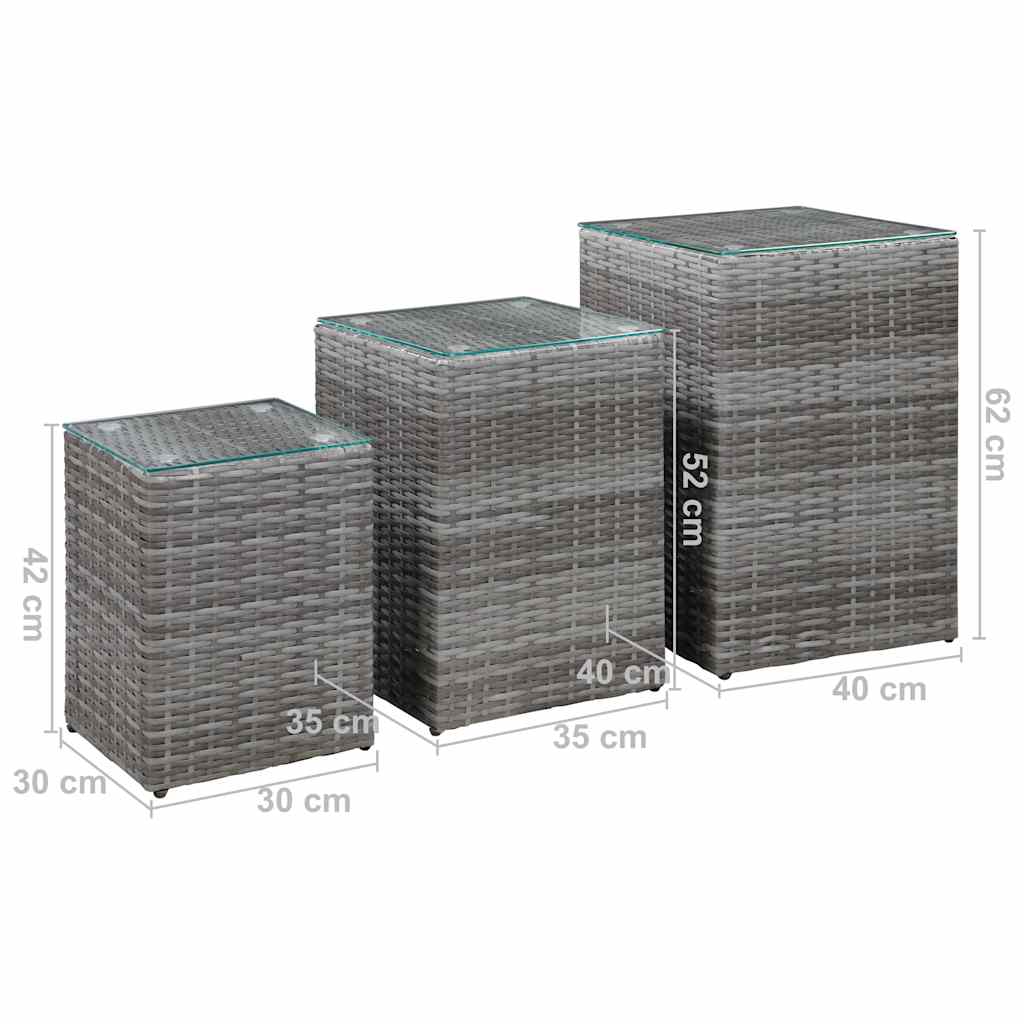 Side Table | Set of 3 | Grey | Poly rattan, glass, metal