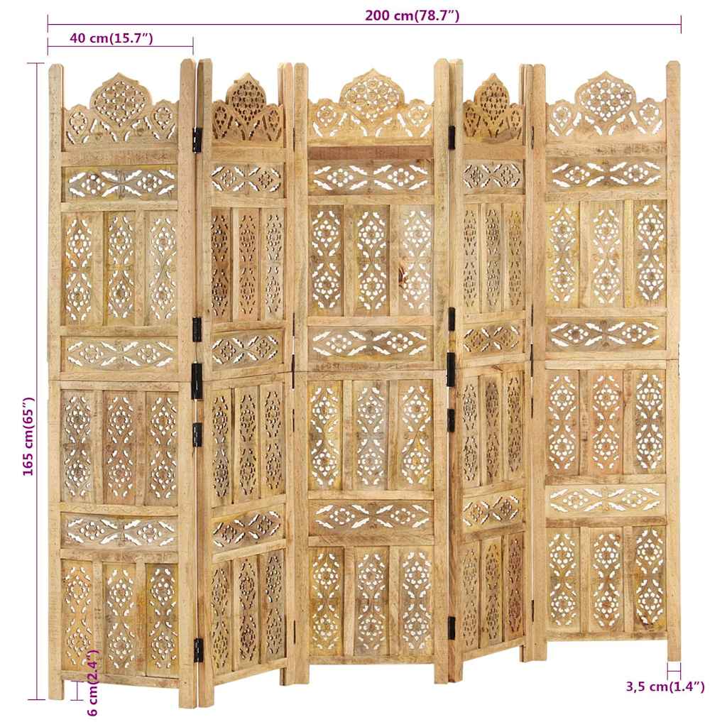 Hand carved 5-Panel Room Divider 200x165 cm Solid Mango Wood