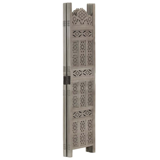 Hand carved 4-Panel Room Divider Grey 160x165 cm Solid Mango Wood