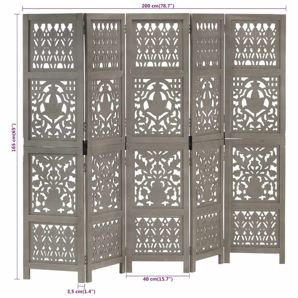 Hand Carved 5-Panel Room Divider Grey 200x165 cm Solid Mango Wood