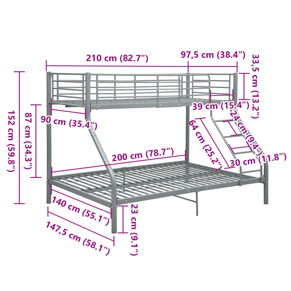 Bunk Bed | Grey | Powder-Coated Steel | Twin and Full | Durable