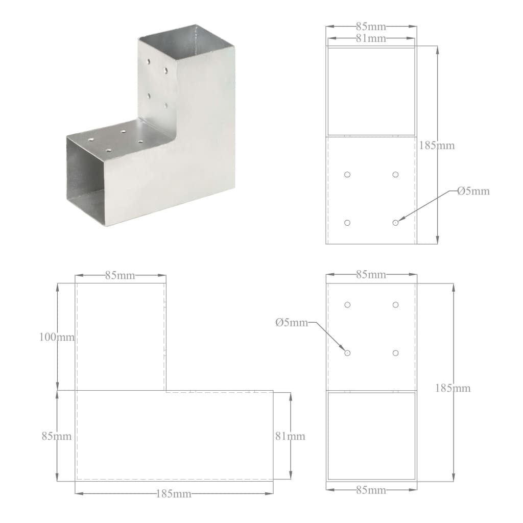 Post Connectors 4 pcs L Shape Galvanised Metal 81x81 mm