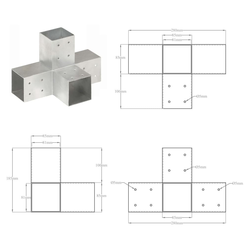 Post Connectors 4 pcs X Shape Galvanised Metal 81x81 mm