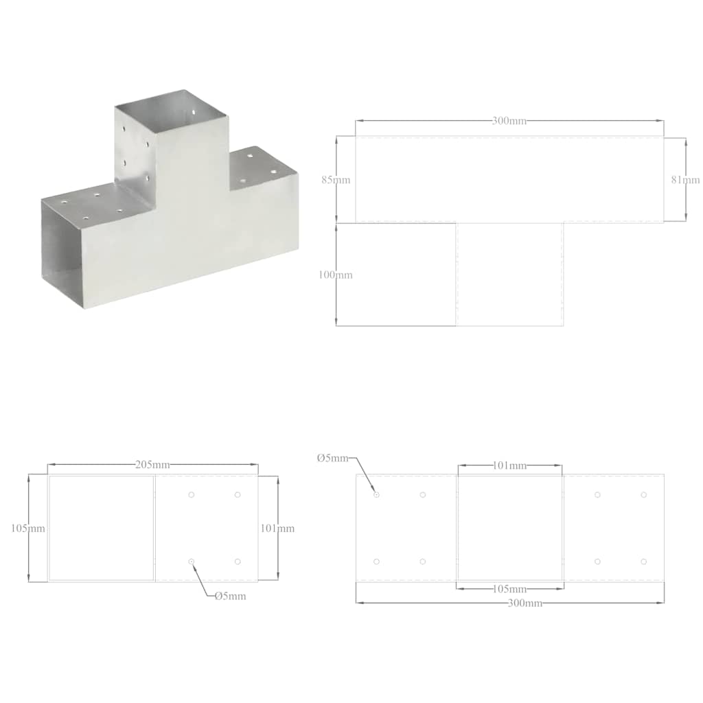 Post Connectors 4 pcs T Shape Galvanised Metal 101x101 mm