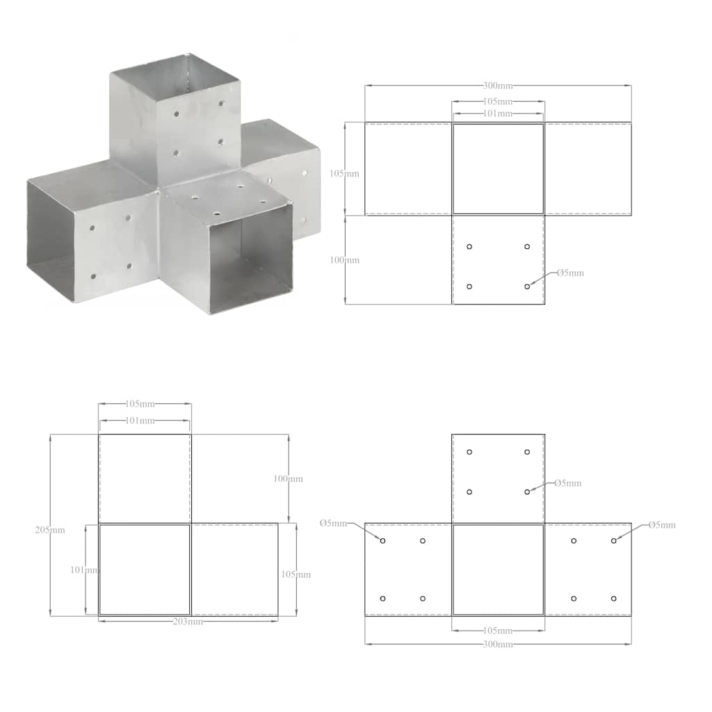 Post Connectors 4 pcs X Shape Galvanised Metal 101x101 mm