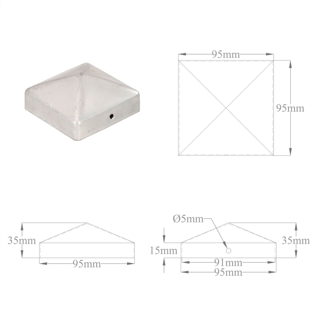 Pyramid Fence Post Caps 6 pcs Galvanised Metal 91x91 mm