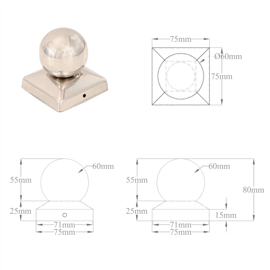 Post Caps 6 pcs Globe Final Stainless Steel 71x71 mm