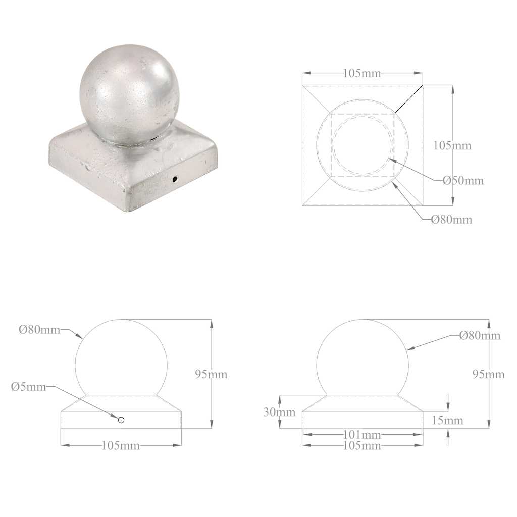 Post Caps 6 pcs Globe Final Galvanised Metal 101x101 mm
