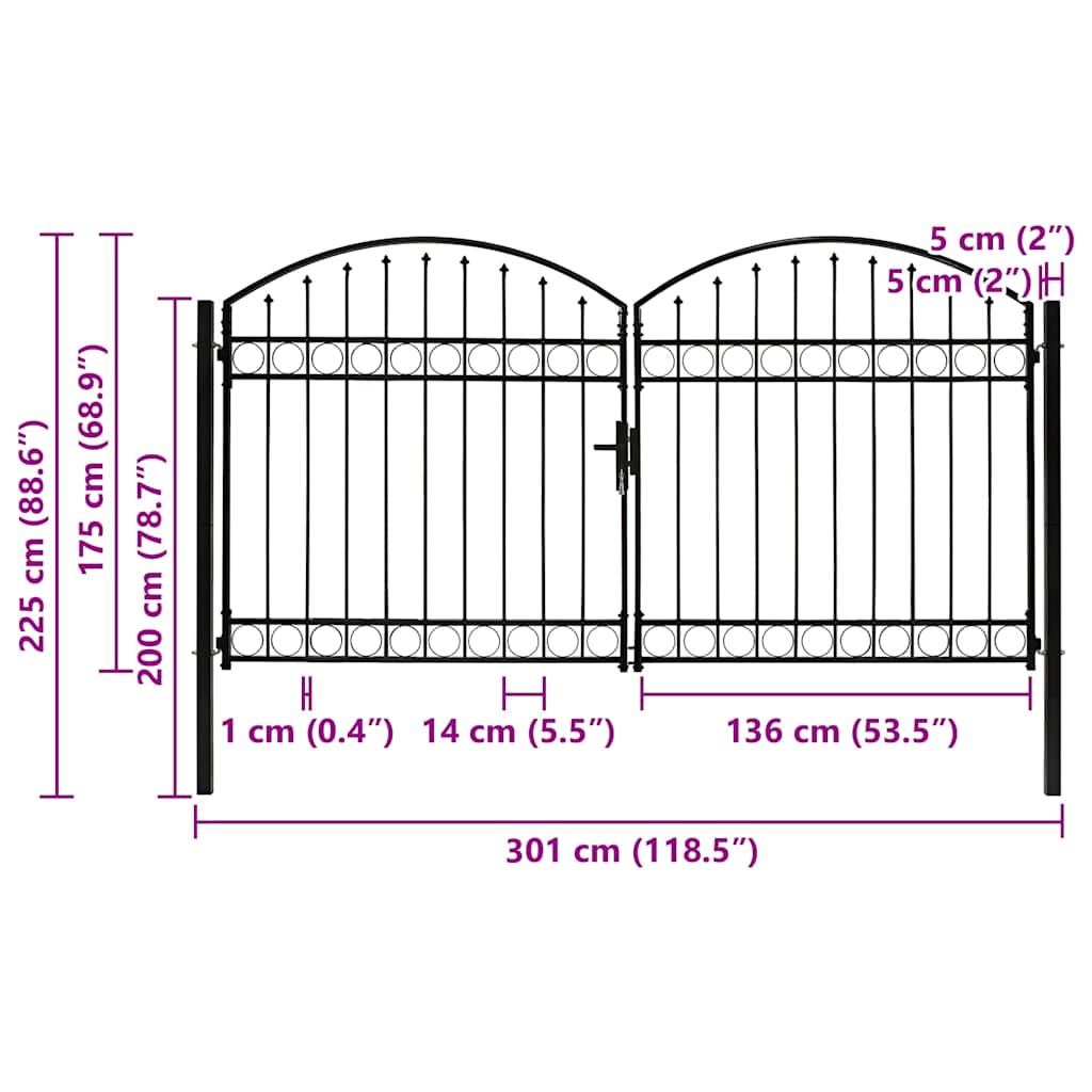 Fence Gate ASSEN Double Door with Arched Top Steel 300x175 cm