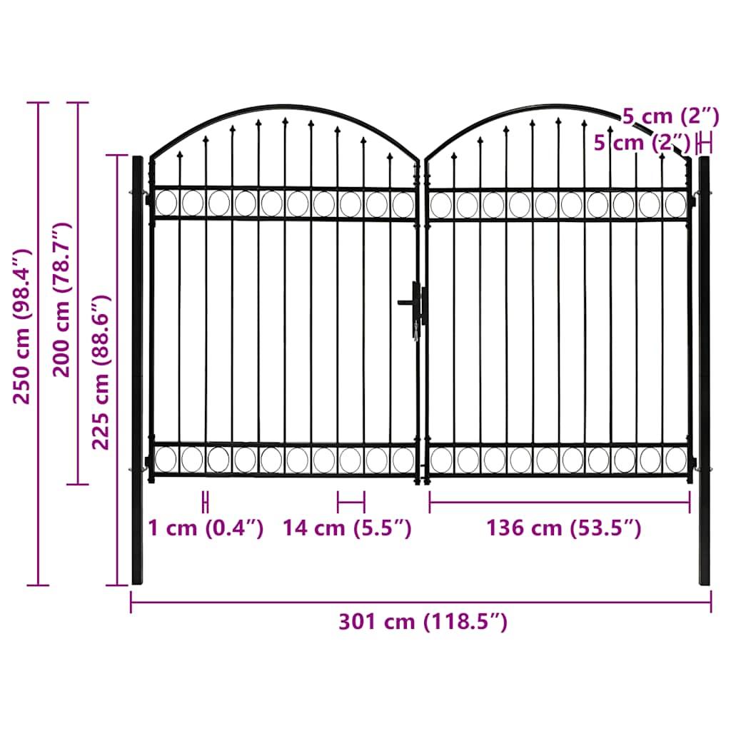 Fence Gate ASSEN Double Door with Arched Top Steel 300x200 cm