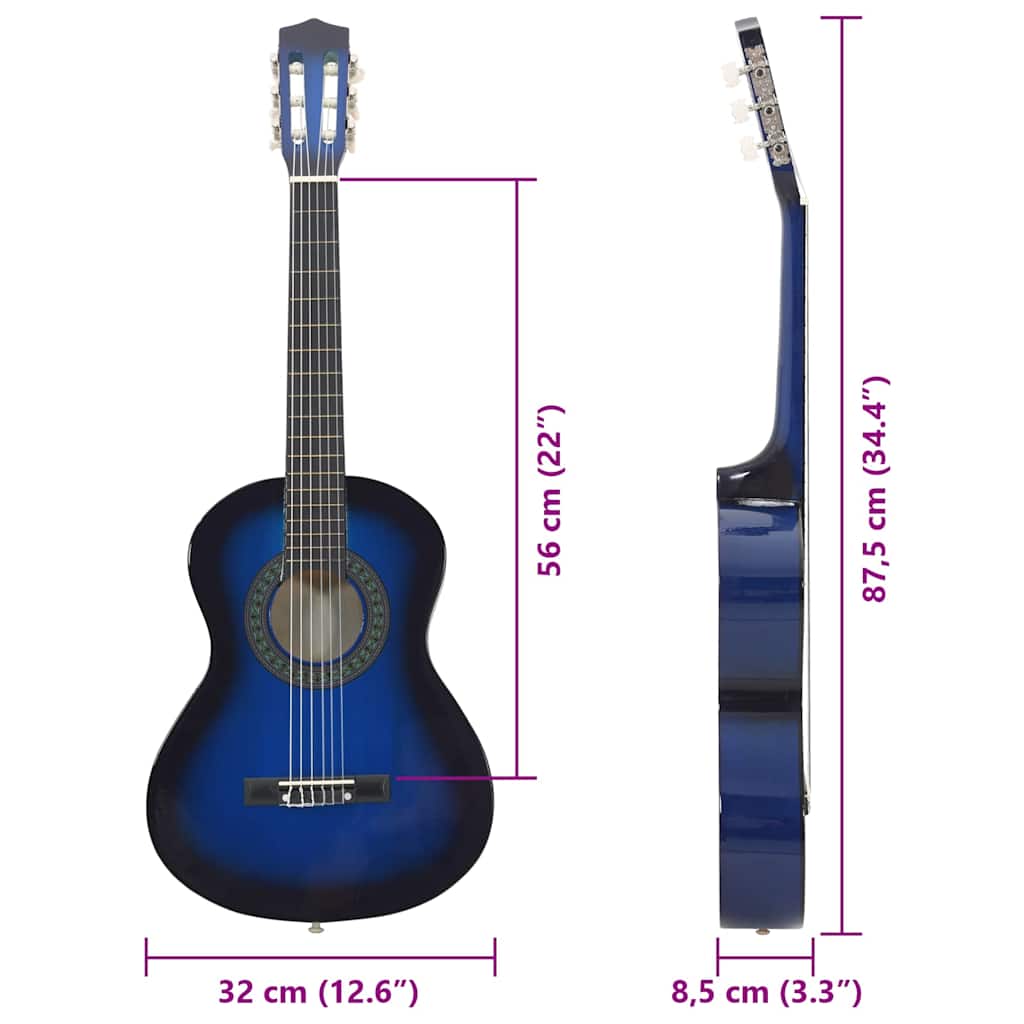 8 Piece Classical Guitar Beginner Set Blue 1/2 34"