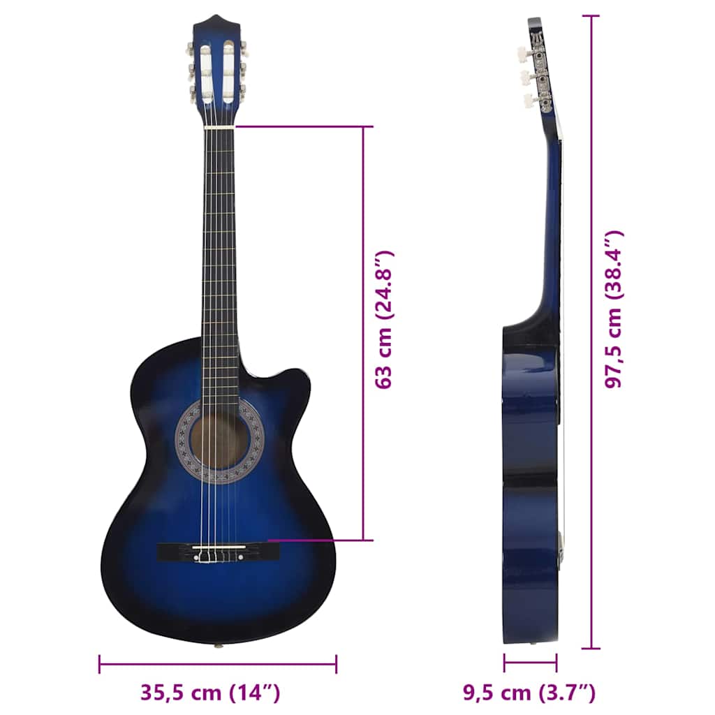 Western Classical Cutaway Guitar with 6 Strings Blue Shaded 38