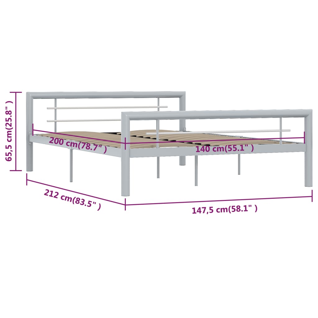 Bed Frame | Grey and White | Metal | 140x200 cm | Appealing Design