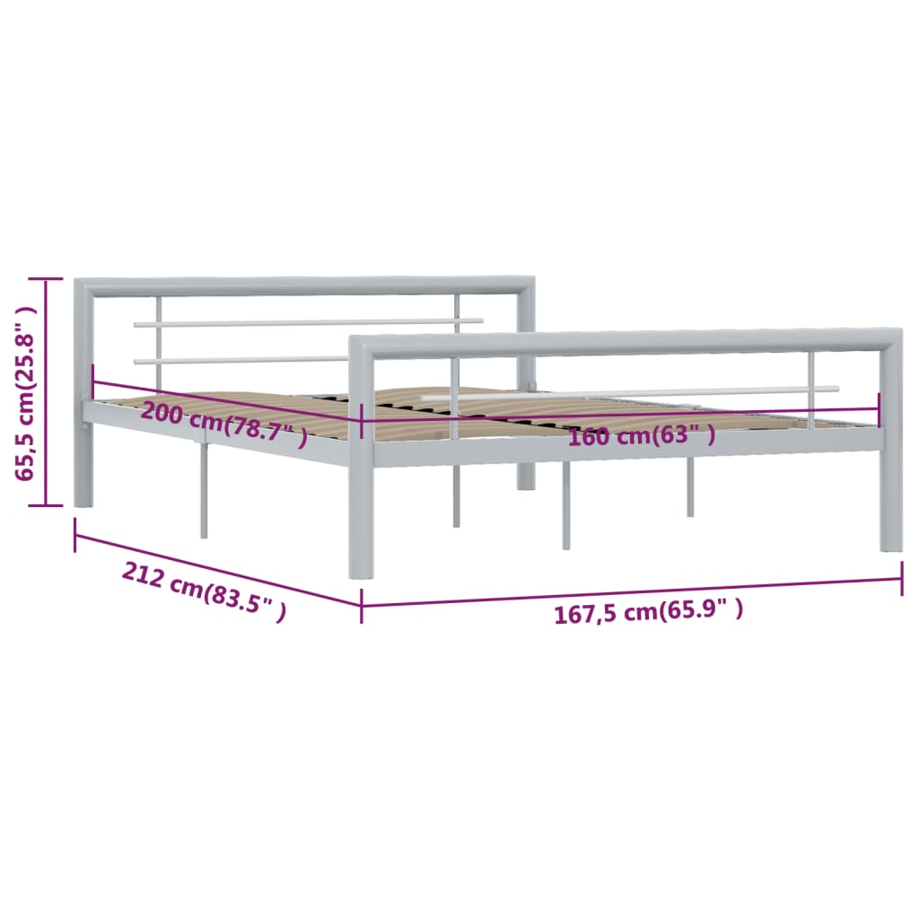 Bed Frame | Grey and White | Metal | 160x200 cm | Bed Frame | Rectangular