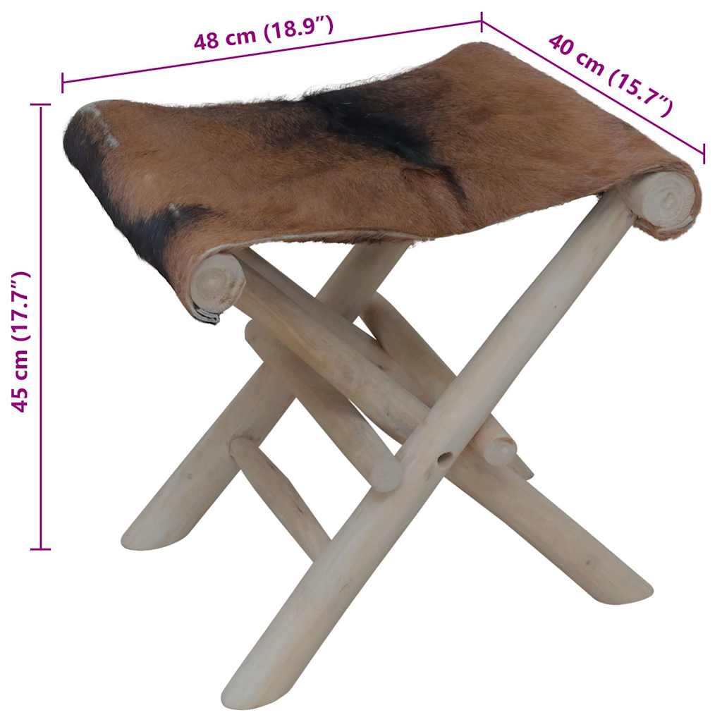 Folding Stool | Brown | Real goat leather, solid teak wood | Medium