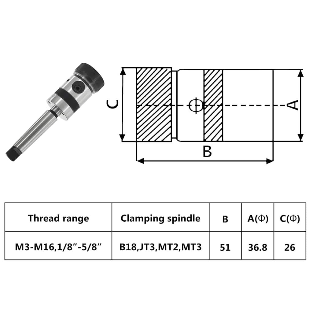 Tapping Chuck TC16-B18 with MT3 Shank for Internal Thread M3-M16