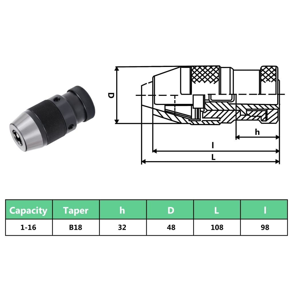 Quick Release Drill Chuck MT3-B18 with 16 mm Clamping Range 1-16B16